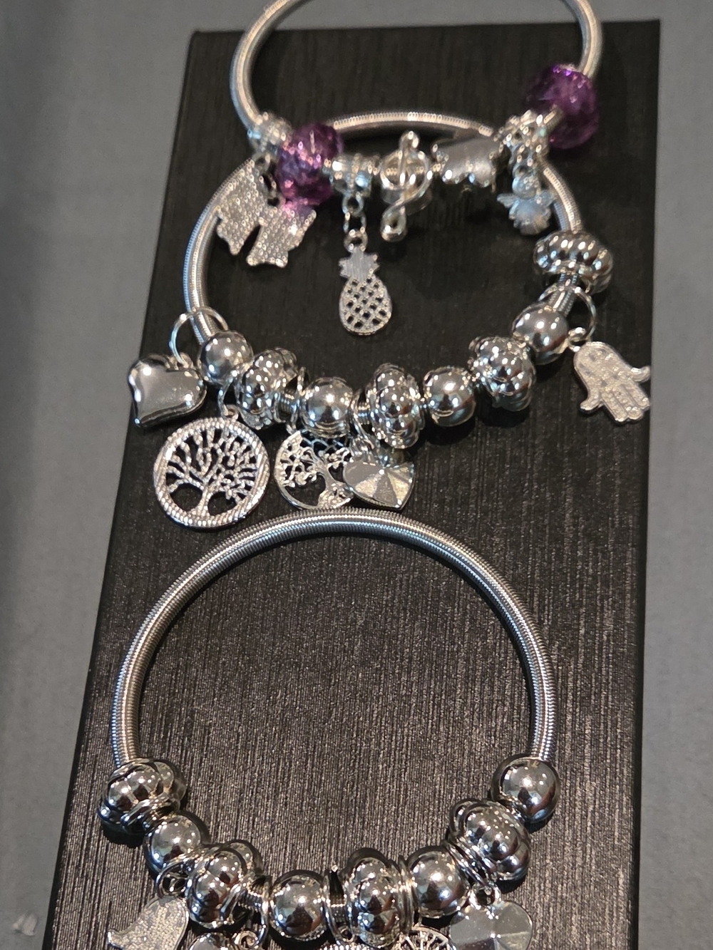 Silver-Tone Women’s Charm Bracelet with Purple Accents